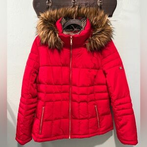 Calvin Klein Womens Red Puffer Jacket Faux Fur Hood Sz PXL Outdoors Layers